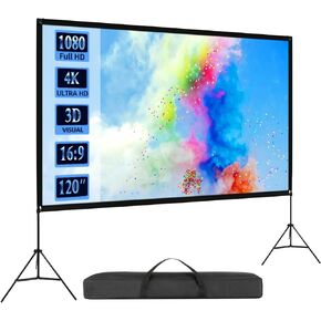 Projector Screen with Stand, 120 inch Portable Projector Screen Outdoor Indoor Wrinkle Free 16:9 4K HD Rear Front Movies Screen with Carrying Bag for Home Theater Backyard Movie Night Travel in Kuwait