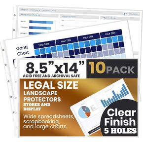 PERFORMORE 10 Pack of 8.5" x 14" Heavyweight Landscape Sheet Protectors, Legal Paper Sleeves, Clear Archival Quality, Horizontal Legal Size Clear Sheet Protectors for Binders Documents
