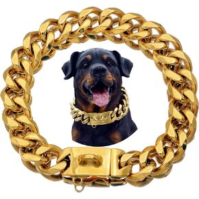 Strong Stainless Steel Gold Dog Collars with Safety Buckle Lock,23MM Cuban Link Chain Training Collar,Dog Necklace Walking Collar for Small Medium & Large Dogs (16, Gold)