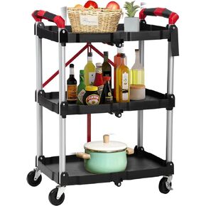 Houseware Cart, 3-Tier Multifunctional Rolling Utility Cart with with 2 Lockable Wheels,170lb Load Capacity Use for Home/Commercial/Office/Warehouse