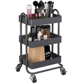 3-Tier Metal Utility Rolling Cart,Metal Storage Cart with Mesh Baskets,Steel Multifunction Organizer Trolley with Lockable Casters,Suitable for Office,Home,Kitchen,Garden,Assembly Required(Dark Grey)