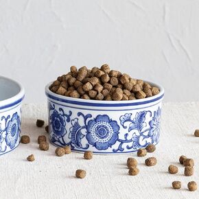 Creative Co-Op, Blue Large Stoneware Pet Bowl with Design, White, 8 Cup