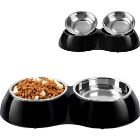 Double Dog Bowl Set - includes Two 6.9 fl oz Stainless Steel Bowls & Elevated Base, Ideal for Small to Large Pets, Feeding Solution for Dogs, Cats, Puppies - Black