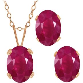 Gem Stone King 2.20 Ct Oval Red Ruby 18K Rose Gold Plated Silver Pendant and Earrings Jewelry Set