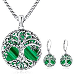 Tree of Life Necklace and Earrings Sterling Silver Malachite Tree Jewelry Set Gift