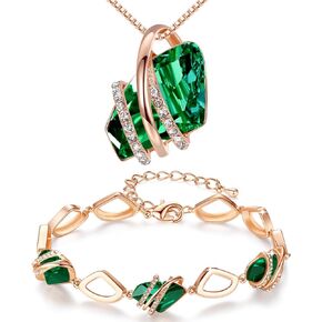 Leafael Wish Stone Necklace and Bracelet Jewelry Set for Women, May Birthstone Emerald Green Crystal Jewelry, Silver Tone Gifts for Women