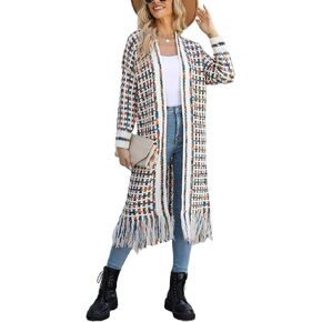 Womens Boho Cardigan Sweater Open Front Fringed Tassels Aztec Maxi Cardigan Jacket