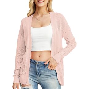 GRECERELLE Women's Lightweight V-Neck Cardigan Sweater Long Sleeve Crochet Knit Shrug Sweaters Button up Tops
