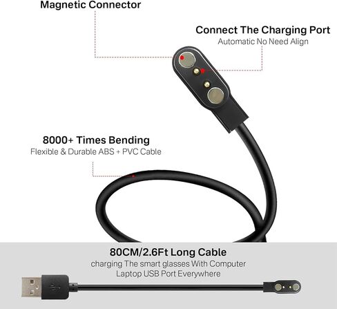 شاحن متوافق مع النظارات الذكية، كابل شحن USB مغناطيسي بطول 2.6 قدم، سلك كابل طاقة بديل للشحن - أسود in Kuwait