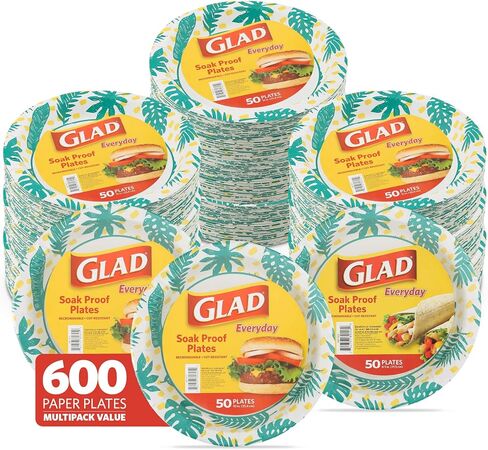 Glad Round Disposable Paper Plates with Palm Leaves Design, 10" | 10 Inch Paper Plates | Soak Proof Paper Plates Heavy Duty, Microwave Safe| Cut Resistant Disposable Plates for Everyday Use, 50 Count in Saudi Arabia