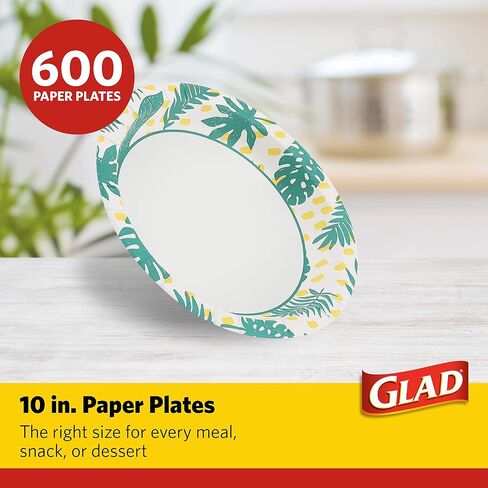 Glad Round Disposable Paper Plates with Palm Leaves Design, 10" | 10 Inch Paper Plates | Soak Proof Paper Plates Heavy Duty, Microwave Safe| Cut Resistant Disposable Plates for Everyday Use, 50 Count in Saudi Arabia