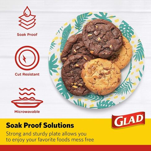 Glad Round Disposable Paper Plates with Palm Leaves Design, 10" | 10 Inch Paper Plates | Soak Proof Paper Plates Heavy Duty, Microwave Safe| Cut Resistant Disposable Plates for Everyday Use, 50 Count in Saudi Arabia