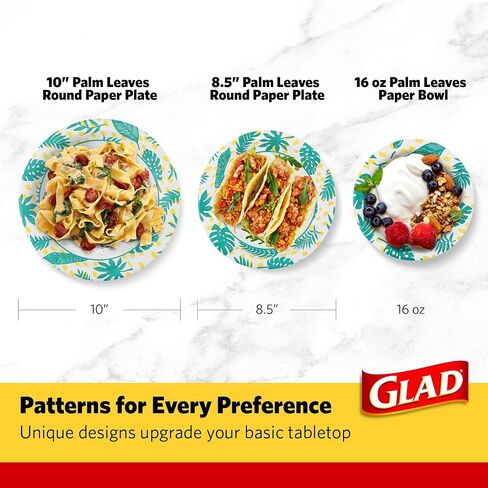 Glad Round Disposable Paper Plates with Palm Leaves Design, 10" | 10 Inch Paper Plates | Soak Proof Paper Plates Heavy Duty, Microwave Safe| Cut Resistant Disposable Plates for Everyday Use, 50 Count in Saudi Arabia
