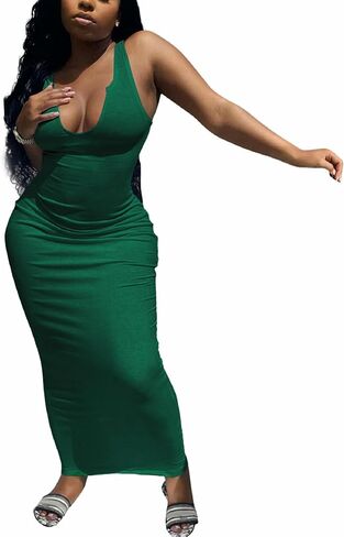 Nimsruc Women Casual Sexy Deep U Neck Tank Top Bodycon Dress Summer Sleeveless Wrap Long Basic Party Club Maxi Dresses in Saudi Arabia