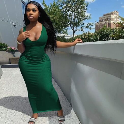 Nimsruc Women Casual Sexy Deep U Neck Tank Top Bodycon Dress Summer Sleeveless Wrap Long Basic Party Club Maxi Dresses in Saudi Arabia