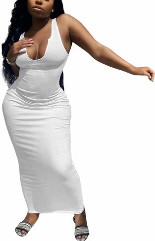 Nimsruc Women Casual Sexy Deep U Neck Tank Top Bodycon Dress Summer Sleeveless Wrap Long Basic Party Club Maxi Dresses in Saudi Arabia