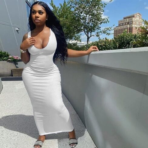 Nimsruc Women Casual Sexy Deep U Neck Tank Top Bodycon Dress Summer Sleeveless Wrap Long Basic Party Club Maxi Dresses in Saudi Arabia