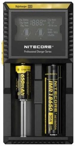Nitecore D2 EU Battery Two Bays Charger with LCD Display,Black,Li-ion (26650, 22650, 18650, 17670, 18490, 17500, 18350, 16340(RCR123), 14500, 10440). Ni-MH and Ni-Cd (AA, AAA, AAAA, C) rechargeable batteries in Saudi Arabia