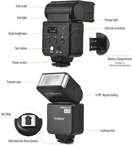 Andoer A35 Camera Flash Speedlite Wireless لكاميرات Canon وSony وNikon وPanasonic وOlympus وPentax وغيرها من كاميرات DSLR - تتميز بـ GN32، ووقت إعادة التدوير من 1 إلى 4 ثوانٍ، وحذاء ساخن عالمي، وجهاز إرسال الزناد in Saudi Arabia