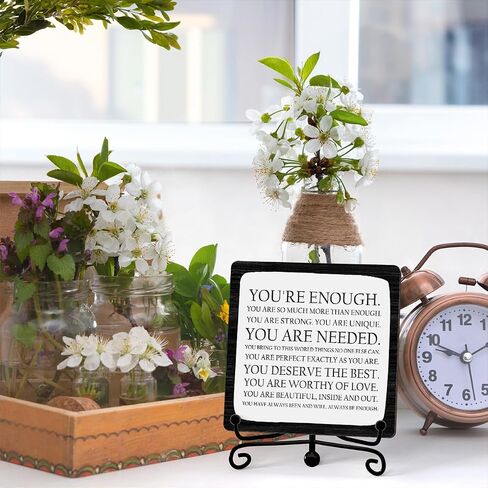 Inspirational Office Desk Decor, You Are Enough Sign, Motivational Gifts For Women Men, Desk Decorations For Office Home Living Room, Shelf Decor, Encouraging Gifts, Wooden Plaque With Stand (B13) in Saudi Arabia
