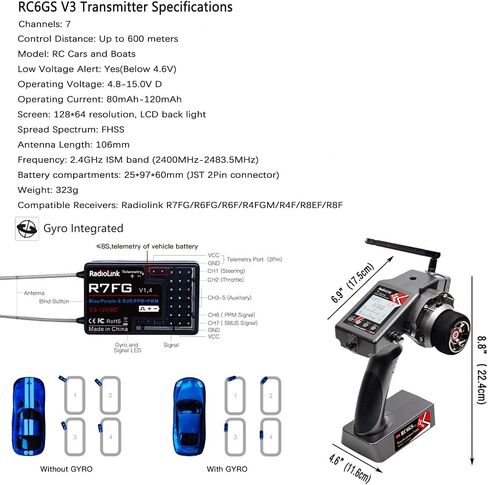 Radiolink RC6GS V3 7 Channels 2.4GHz RC Transmitter, with R7FG Gyro RX Volt Telemetry Integrated Receiver Dual Mix Programmable Controller for Crawler, Tanks, Buggy, Boats in Saudi Arabia
