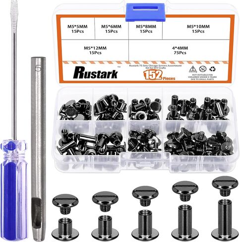 75 Sets 5 Sizes M5 Gun Black Chicago Screws Assorted Kit with Setting Tools Kit, Round Flat Head Chicago Rivets Chicago Bolts Chicago Metal Screws Studs for DIY Leather Craft Bookbinding in Saudi Arabia