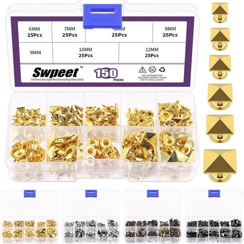Swpeet 150Pcs 6 Sizes 6mm/7mm/8mm/9mm/10mm/12mm Gun Black Spike Rivet Pyramid Rapid Rivet Studs Kit, Square Rivets Metal Pyramid Fits for Bag Leather Clothing Shoes Rivet Handicraft DIY Punk in Saudi Arabia