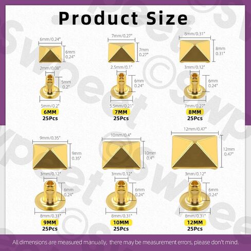 Swpeet 150Pcs 6 Sizes 6mm/7mm/8mm/9mm/10mm/12mm Gun Black Spike Rivet Pyramid Rapid Rivet Studs Kit, Square Rivets Metal Pyramid Fits for Bag Leather Clothing Shoes Rivet Handicraft DIY Punk in Saudi Arabia