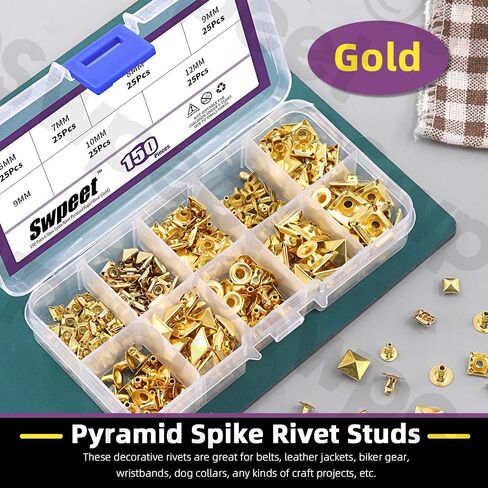 Swpeet 150Pcs 6 Sizes 6mm/7mm/8mm/9mm/10mm/12mm Gun Black Spike Rivet Pyramid Rapid Rivet Studs Kit, Square Rivets Metal Pyramid Fits for Bag Leather Clothing Shoes Rivet Handicraft DIY Punk in Saudi Arabia