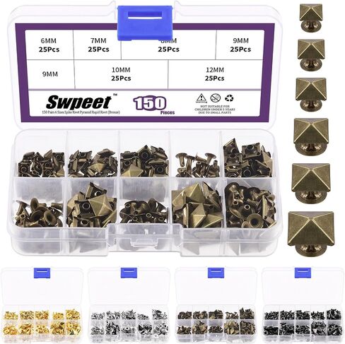 Swpeet 150Pcs 6 Sizes 6mm/7mm/8mm/9mm/10mm/12mm Gun Black Spike Rivet Pyramid Rapid Rivet Studs Kit, Square Rivets Metal Pyramid Fits for Bag Leather Clothing Shoes Rivet Handicraft DIY Punk in Saudi Arabia