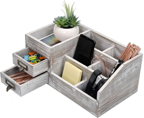 Distressed Rustic Wooden Office Desktop Organizer Wood Shelf Tabletop Home Organizer Storage with Multiple Compartments 2 Tier Drawers,perfect Jewelry storage Display Box for Desk, Vanity (gray) in Saudi Arabia