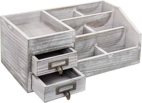 Distressed Rustic Wooden Office Desktop Organizer Wood Shelf Tabletop Home Organizer Storage with Multiple Compartments 2 Tier Drawers,perfect Jewelry storage Display Box for Desk, Vanity (gray) in Saudi Arabia
