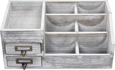 Distressed Rustic Wooden Office Desktop Organizer Wood Shelf Tabletop Home Organizer Storage with Multiple Compartments 2 Tier Drawers,perfect Jewelry storage Display Box for Desk, Vanity (gray) in Saudi Arabia