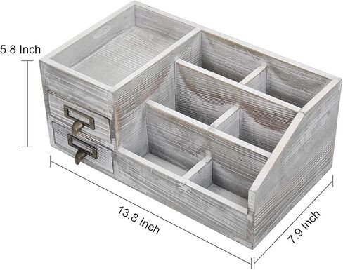 Distressed Rustic Wooden Office Desktop Organizer Wood Shelf Tabletop Home Organizer Storage with Multiple Compartments 2 Tier Drawers,perfect Jewelry storage Display Box for Desk, Vanity (gray) in Saudi Arabia