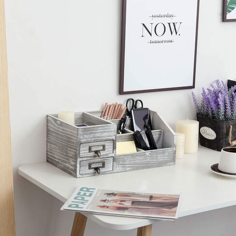 Distressed Rustic Wooden Office Desktop Organizer Wood Shelf Tabletop Home Organizer Storage with Multiple Compartments 2 Tier Drawers,perfect Jewelry storage Display Box for Desk, Vanity (gray) in Saudi Arabia