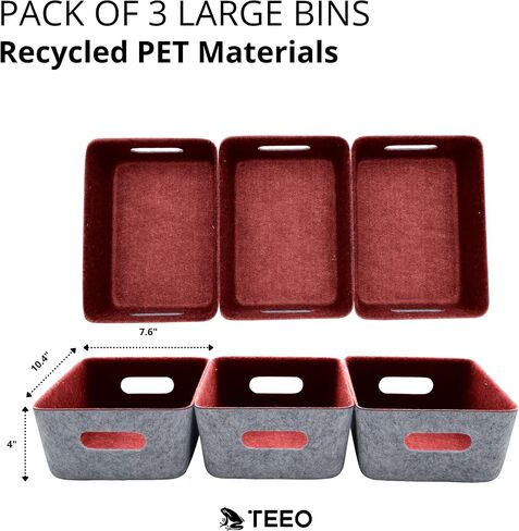 Teeo - Cubby Organizer - Nursery Drawer Dividers - Fabric Storage Box - Drawer Inserts - Felt Tray Home Office Desk Cosmetic Bins Compartment Bedroom Closet Organization - Pack of 3, Burgundy in Saudi Arabia
