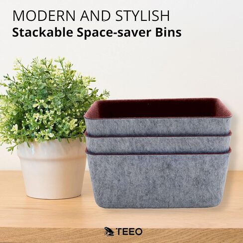 Teeo - Cubby Organizer - Nursery Drawer Dividers - Fabric Storage Box - Drawer Inserts - Felt Tray Home Office Desk Cosmetic Bins Compartment Bedroom Closet Organization - Pack of 3, Burgundy in Saudi Arabia