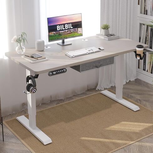 bilbil 55x30 Inches Electric Standing Desk with Drawer, Height Adjustable Sit Stand Up Desk with 4 Splice Boards, Home Office Desk Computer Workstation with Dark Walnut Top/Black Frame in Saudi Arabia