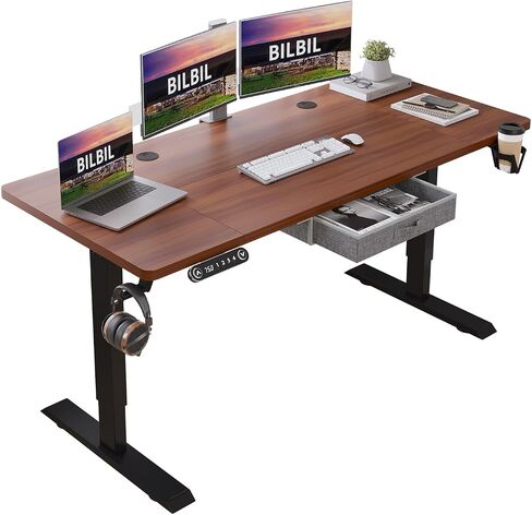 bilbil 55x30 Inches Electric Standing Desk with Drawer, Height Adjustable Sit Stand Up Desk with 4 Splice Boards, Home Office Desk Computer Workstation with Dark Walnut Top/Black Frame in Saudi Arabia