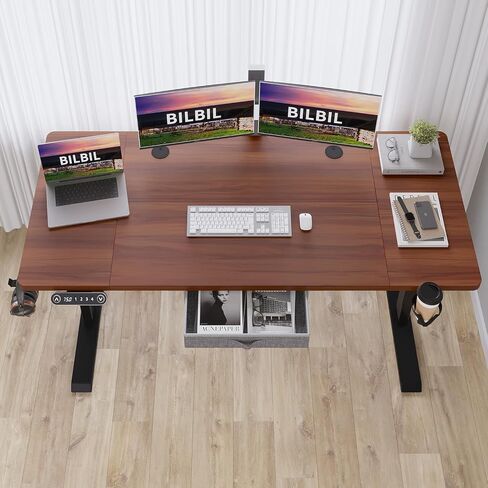 bilbil 55x30 Inches Electric Standing Desk with Drawer, Height Adjustable Sit Stand Up Desk with 4 Splice Boards, Home Office Desk Computer Workstation with Dark Walnut Top/Black Frame in Saudi Arabia