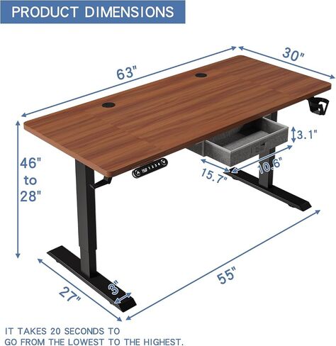 bilbil 55x30 Inches Electric Standing Desk with Drawer, Height Adjustable Sit Stand Up Desk with 4 Splice Boards, Home Office Desk Computer Workstation with Dark Walnut Top/Black Frame in Saudi Arabia