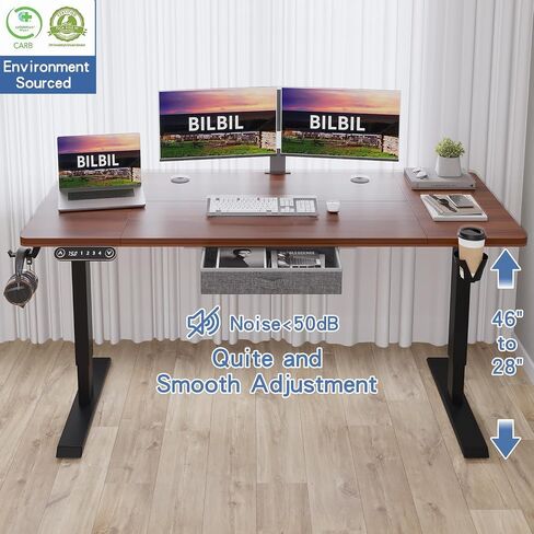 bilbil 55x30 Inches Electric Standing Desk with Drawer, Height Adjustable Sit Stand Up Desk with 4 Splice Boards, Home Office Desk Computer Workstation with Dark Walnut Top/Black Frame in Saudi Arabia