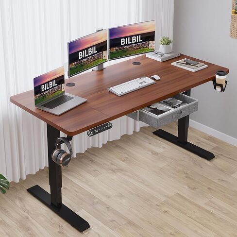 bilbil 55x30 Inches Electric Standing Desk with Drawer, Height Adjustable Sit Stand Up Desk with 4 Splice Boards, Home Office Desk Computer Workstation with Dark Walnut Top/Black Frame in Saudi Arabia