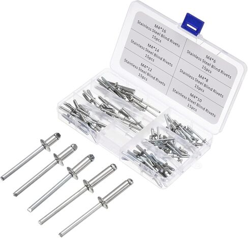 uxcell 90Pcs Stainless Steel Blind Rivets, M4 (5/32") 6 Sizes Rivet Assortment Kit Open End Flat Round Head for Sheet Metal, Furniture in Kuwait
