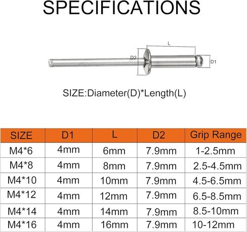 uxcell 90Pcs Stainless Steel Blind Rivets, M4 (5/32") 6 Sizes Rivet Assortment Kit Open End Flat Round Head for Sheet Metal, Furniture in Kuwait