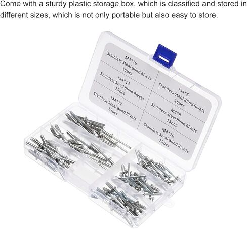 uxcell 90Pcs Stainless Steel Blind Rivets, M4 (5/32") 6 Sizes Rivet Assortment Kit Open End Flat Round Head for Sheet Metal, Furniture in Kuwait