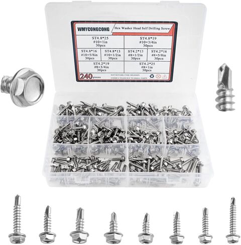 WMYCONGCONG 240 PCS Stainless Steel #8#10 Hex Washer Head Self Drilling Sheet Metal Tek Screws Assorted Kit (Hex Head) in Saudi Arabia