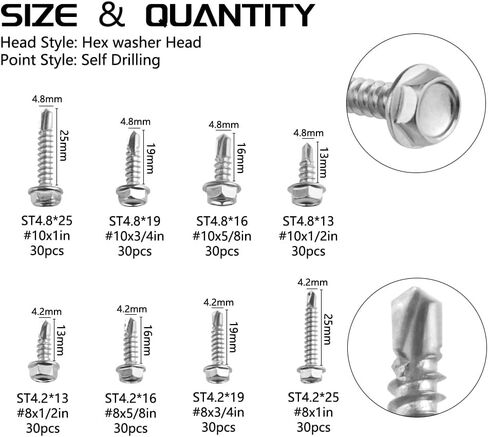 WMYCONGCONG 240 PCS Stainless Steel #8#10 Hex Washer Head Self Drilling Sheet Metal Tek Screws Assorted Kit (Hex Head) in Saudi Arabia
