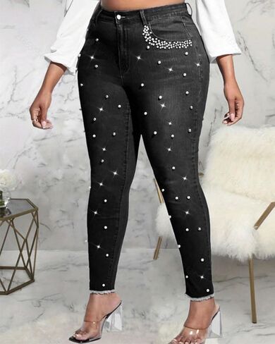 بنطلون جينز نسائي ضيق كلاسيكي من Ladyful بخصر متوسط ​​وقابل للتمدد مع أحجار الراين اللؤلؤية in Kuwait