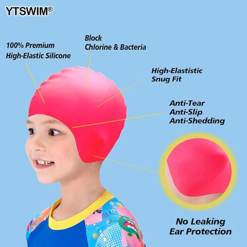 YTSWIM Kids Swim Caps for Girls, Boys, Baby, Toddler Swim Cap for Long Hair, Braids, Dreadlocks, Large Waterproof Silicone Swim Hat for Child 6-14 in Saudi Arabia